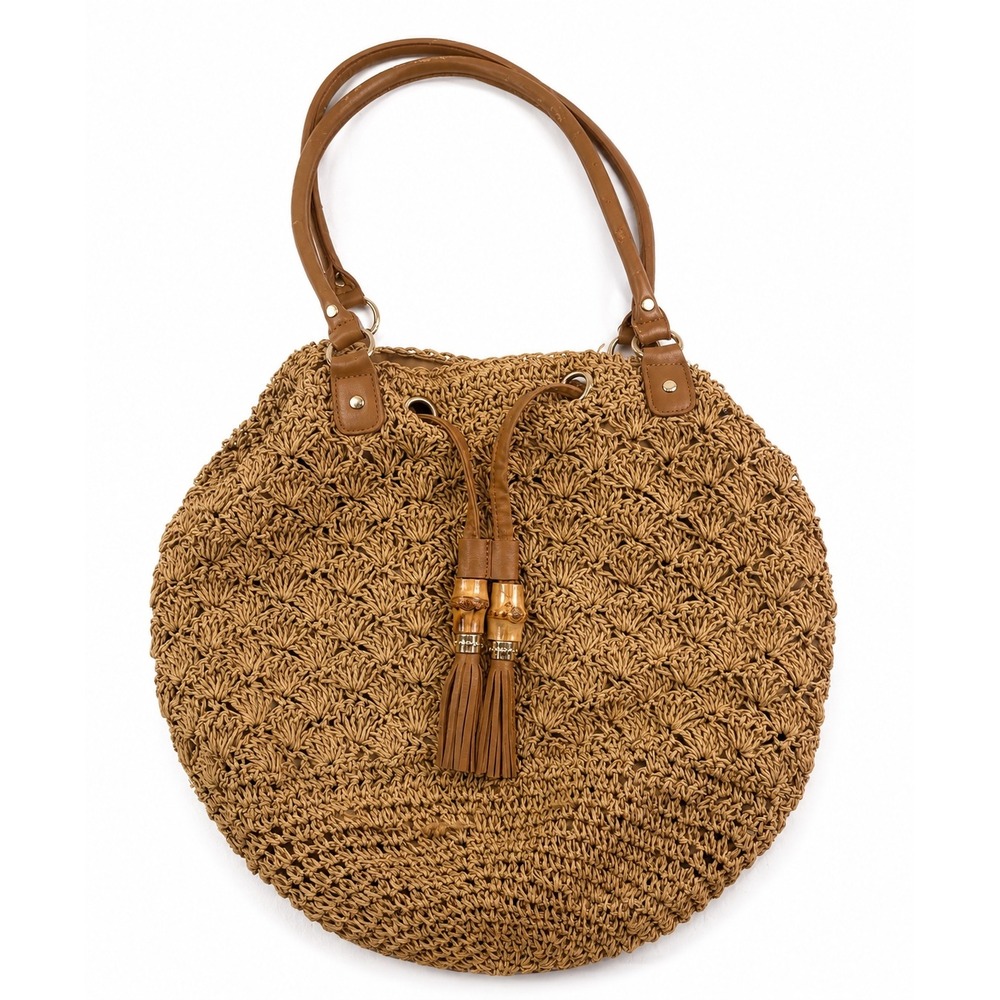 Straw Studios Vintage Y2K Vacation Beach Boho Straw Crochet Round Shoulder Bag